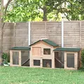 PawHut Wooden Rabbit Hutch 2-Storey with Run Outdoor Bunny Guinea Pig, Natural Wood - 1