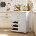 HOMCOM Modern Kitchen Trolley, Rolling Island Storage Cart with Drawer, 9-bottle Wine Rack, Door Cabinets, Wooden Countertop, White - 1