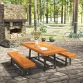 Outsunny Garden 3 Pieces Acacia Wood Picnic Table and 2 Benches Set Dining Trestle Beer Table Patio Outdoor Indoor Furniture - 1