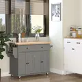 HOMCOM Rolling Kitchen Island Storage Trolley with Rubber Wood Top & Drawers for Dining Room, Grey - 1