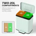 HOMCOM Dual Kitchen Bin, 2 x 20L Double Bin for Recycling and Waste, Fingerprint-proof Pedal Bin with Soft-Close Lid, Removable Inner Buckets, Green - 3
