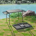 Outsunny Folding Grill Table, 4.5ft Portable Camping Table with 2 Wing Panels, Height Adjustable Metal Picnic Table for Camping, Picnic and BBQ, Black - 2