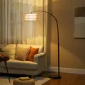 HOMCOM Rattan Floor Lamp for Living Room, Farmhouse Arc Standing Lamp with Dual-Layer Shade & Foot Switch, Height Adjustable Minimalist Tall Pole Lampshade for Bedroom, Office, Black - 1