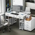 HOMCOM 120cm Computer Desk with Power Outlets, Office Desk Study Table with 3 Fabric Drawers and 4 Storage Shelves, White - 7