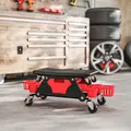 HOMCOM Rolling Mechanic Stool, 135kg Capacity Workshop Stool with 360° Swivel Wheels, Roller Creeper Seat with Slide Out Tool Trays, Drawer, Bottle Holders for Garage, Shop, Auto Repair, Red - 8