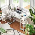 HOMCOM 120cm Computer Desk with Power Outlets, Office Desk Study Table with 3 Fabric Drawers and 4 Storage Shelves, White - 1