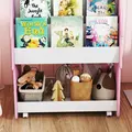 AIYAPLAY Kids Bookshelf with Toy Storage, Double-Sided Bookcase with Wheels, 3 Tier Kids Book Rack for Bedroom, Pink - 9