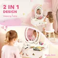 AIYAPLAY Kids Vanity Table and Chair Set with 3-Colour LED Lights Mirror, Drawer, Storage Boxes, for 3+ Years, White - 5