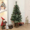 HOMCOM 1.2m/4ft Artificial Christmas Tree with 100 Warm White LED Lights and 8 Modes, Small Xmas Tree with Red Berries, Pine Cones and Retro Base, Green - 8
