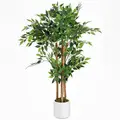 HOMCOM 120cm Artificial Ficus Tree, Fake Potted Tree with Solid Wood Trunk and Pot for Indoor, Green - 1