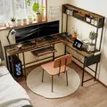 HOMCOM 160cm Reversible L Shaped Desk with Power Outlet, Industrial Corner Desk with Storage Shelves and Keyboard Tray, 240cm Long Computer Desk for 2 Person, Rustic Brown - 2