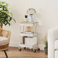 HOMCOM 3-Tier Kitchen Storage Trolley with on Wheels Cover Top Board - White and Oak - 8