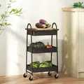 HOMCOM 3-Tier Kitchen Storage Trolley with on Wheels Cover Top Board - Rustic Brown and Black - 7