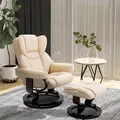 HOMCOM 360° Swivel Recliner Chair with Footstool, PU Leather Manual Recliner Armchair with Footstool, Solid Wood Base, Upholstered Reclining Chair for Living Room, Bedroom, Office, Cream - 2