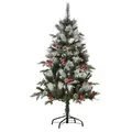 HOMCOM 4FT Artificial Snow Dipped Christmas Tree Xmas Pencil Tree Holiday Home Party Decoration with Foldable Feet Red Berries White Pinecones, Green - 1