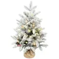 HOMCOM 60 cm Prelit Small Christmas Tree with 35 LED Lights, Snow Flocked Tabletop Mini Xmas Tree with Pine Cones, Berry Clusters and Linen Cover Base, Battery Operated, Green - 1