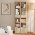 HOMCOM 6-Tier Bookcase, Tall Narrow Bookshelf with Drawer and Door - Natural Wood Finish - 8