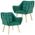HOMCOM Armchair Accent Chair, Vanity Chair with Wide Arms, Slanted Back, Padding, Metal Frame, Wooden Legs, Home Bedroom Furniture Seating, Set of 2, Green - 1