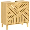 HOMCOM Bamboo Bathroom Under Sink Cabinet with Adjustable Shelf for Basin without Pedestal - Natural - 1