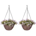 HOMCOM Artificial Flowers in Basket Set of 2, Artificial Hanging Baskets with 75 Leaves and 15 Flowers in Pot, Decorative Plant for Home Office Decor, Purple - 1