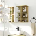 HOMCOM Bathroom Mirror Cabinet with Open Storage Shelves - Natural Wood Finish - 8