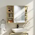 HOMCOM Bathroom Mirror Cabinet with Open Storage Shelves - Natural Wood Finish - 2