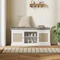 HOMCOM Boho Shoe Storage Bench with Padded Cushion and Rattan Doors - White - 9