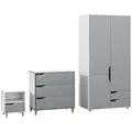HOMCOM Bedroom Furniture Set, Wardrobe with Hanging Rail, 3 Drawer Chest of Drawers, Bedside Table with Drawer, Grey and White - 1