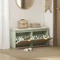 HOMCOM Boho Shoe Bench with Padded Seat and 2 Flip-Drawers - Light Green - 2