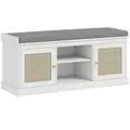 HOMCOM Boho Shoe Storage Bench with Padded Cushion and Rattan Doors - White - 1