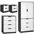 HOMCOM Bedroom Furniture Set, Wardrobe with Hanging Rod, 4 Drawer Chest of Drawers, 2 Bedside Tables with Storage, White and Black - 1