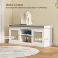 HOMCOM Boho Shoe Storage Bench with Padded Cushion and Rattan Doors - White - 4