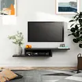 HOMCOM Floating TV Unit, Wall Mounted TV Stand with Open Shelf and 2 Cable Holes, Entertainment Unit for Living Room, Black - 2