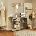 HOMCOM Folding Sewing Table, Drop Leaf Craft Table with Storage Bins, Open Shelf and Wheels, Rolling Sewing Machine Cabinet Computer Desk for Small Space, Grey - 2