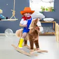 HOMCOM Kids Children Plush Rocking Horse Wooden Base Ride On Toy Rocker with Handle Grip Traditional Toy Fun Gift for Age 3+ (Brown) - 2