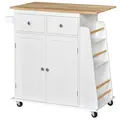 HOMCOM Kitchen Island on Wheels, Mobile Storage Trolley, Rolling Kitchen Cart with Rubber Wood Top, 2-Door Cabinets, 2 Drawers, Adjustable Shelf, 3-Tier Spice Rack, Drawers - 1
