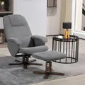 HOMCOM Linen Swivel Recliner Chair with Footstool, Upholstered Reclining Armchair with Wooden Base for Living Room, Grey - 2
