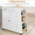 HOMCOM Kitchen Island on Wheels, Mobile Storage Trolley, Rolling Kitchen Cart with Rubber Wood Top, 2-Door Cabinets, 2 Drawers, Adjustable Shelf, 3-Tier Spice Rack, Drawers - 4