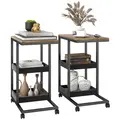 HOMCOM Mobile Sofa Side Table Set of 2, Industrial C-Shaped Rolling Table with 3-Tier Storage Shelving, Four Lockable Wheels Steel Frame, Dark Brown - 1