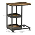 HOMCOM Mobile Sofa Side Table Set of 2, Industrial C-Shaped Rolling Table with 3-Tier Storage Shelving, Four Lockable Wheels Steel Frame, Dark Brown - 3