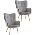 HOMCOM Modern Accent Chair Velvet-Touch Tufted Wingback Armchair Upholstered Leisure Lounge Sofa Club Chair with Wood Legs, Set of 2, Grey - 1