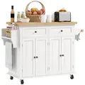 HOMCOM Rolling Kitchen Island Storage Trolley with Rubber Wood Top & Drawers for Dining Room, Cream White - 1