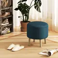 HOMCOM Round Linen-Look Storage Ottoman - Blue - 2