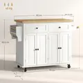 HOMCOM Rolling Kitchen Island Storage Trolley with Rubber Wood Top & Drawers for Dining Room, Cream White - 3