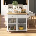 HOMCOM Rolling Kitchen Island Storage Trolley with Rubber Wood Top & Drawers for Dining Room, Cream White - 8