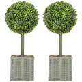 HOMCOM Set of 2 Decorative Artificial Plants, 50cm Faux Boxwood Topiary Balls with Woven Plastic Pot and Pebbles, Fake Plants for Home or Office Decor, Green - 1