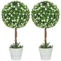 HOMCOM Set of 2 Decorative Artificial Plants, Ball Topiary Tree with Rose Flower in Pot, Fake Plants for Home Indoor Outdoor Decor, 60cm, White - 1