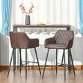 HOMCOM Set of 2 Bar stools Retro PU Leather Bar Chairs w/ Footrest Metal Frame Comfort Support Stylish Dining Seating Home Brown - 2