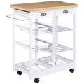 HOMCOM Rolling Kitchen Island Trolley Cart Drawer Shelves Basket Wheels W/  6 Bottle Wine Rack White - 1
