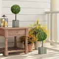 HOMCOM Set of 2 Decorative Artificial Plants, 50cm Faux Boxwood Topiary Balls with Woven Plastic Pot and Pebbles, Fake Plants for Home or Office Decor, Green - 8